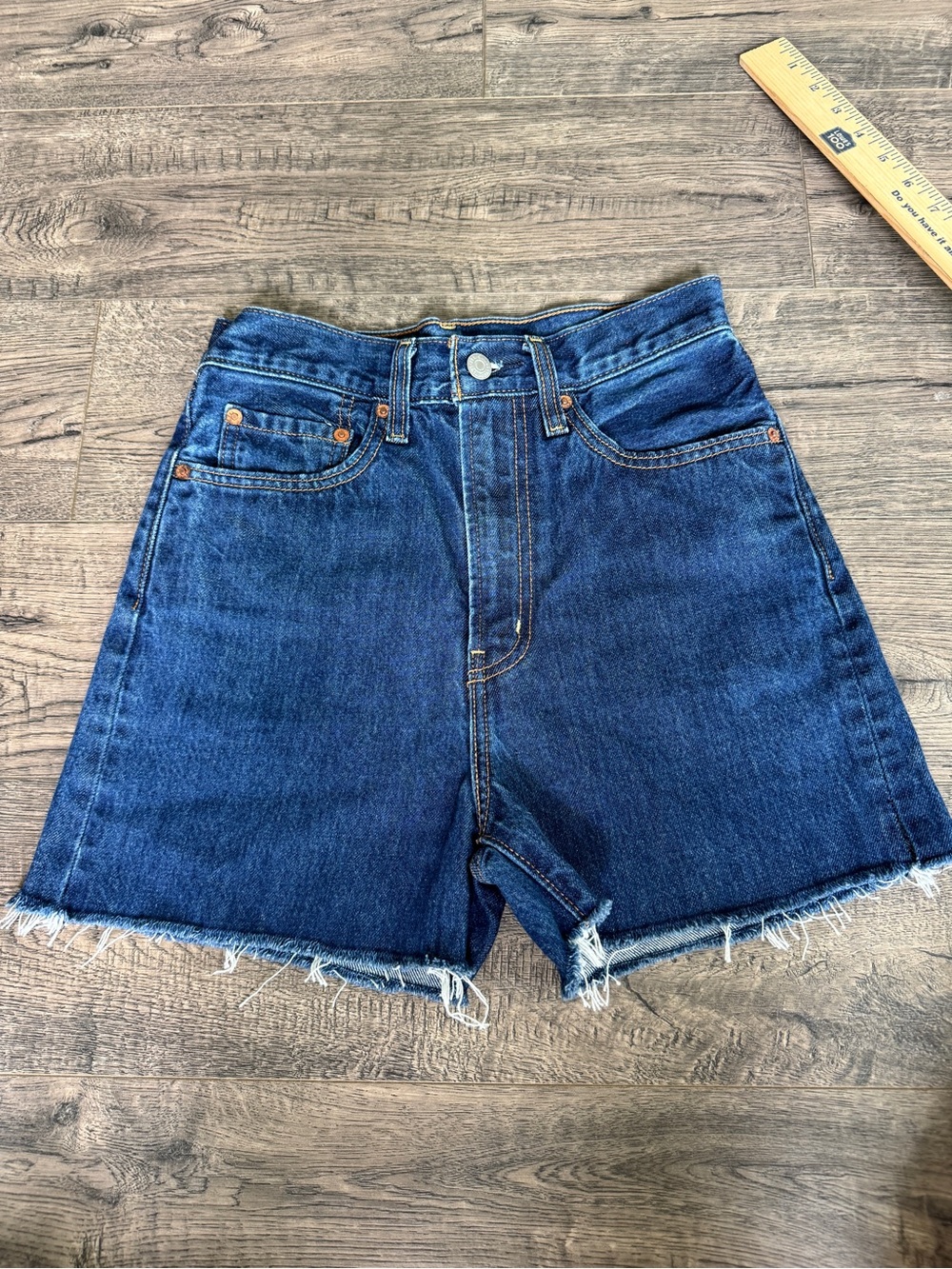 Levi's Dark Blue High-Rise Denim Shorts with Frayed Hem